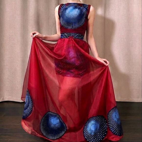Handmade Dresses & Skirts - Handmade Avant-Garde Sculptural Gown, Sheer Skirt & Peacock Feather Medallions